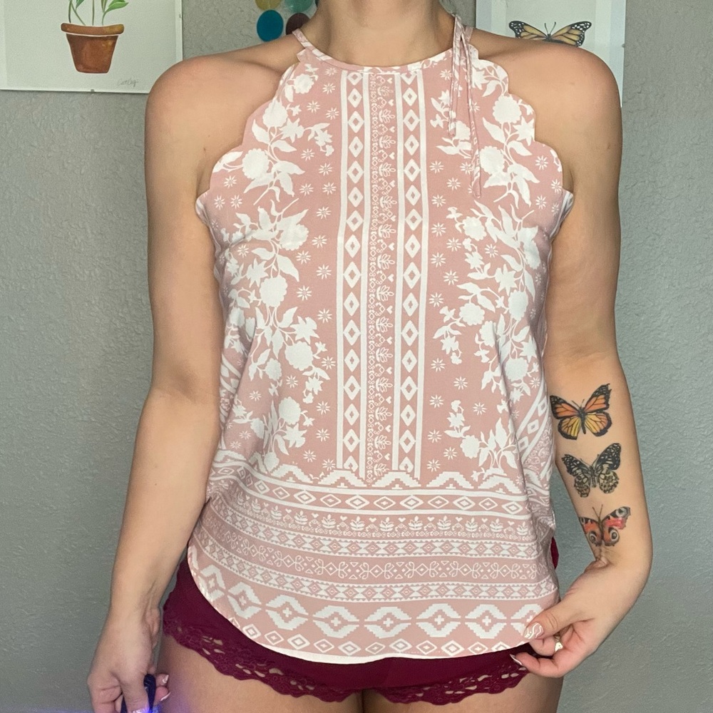 Pink & White Scalloped High Neck Tank with Floral and Geometric Details Size M